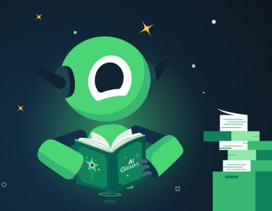 Winston a one-eyed green robot reading an AI Glossary